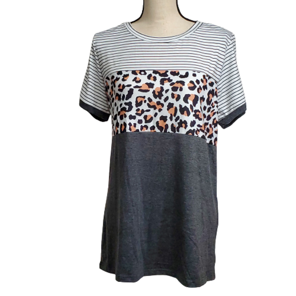 Multi Block Stripe Leopard Print Tunic T Shirt Top Medium